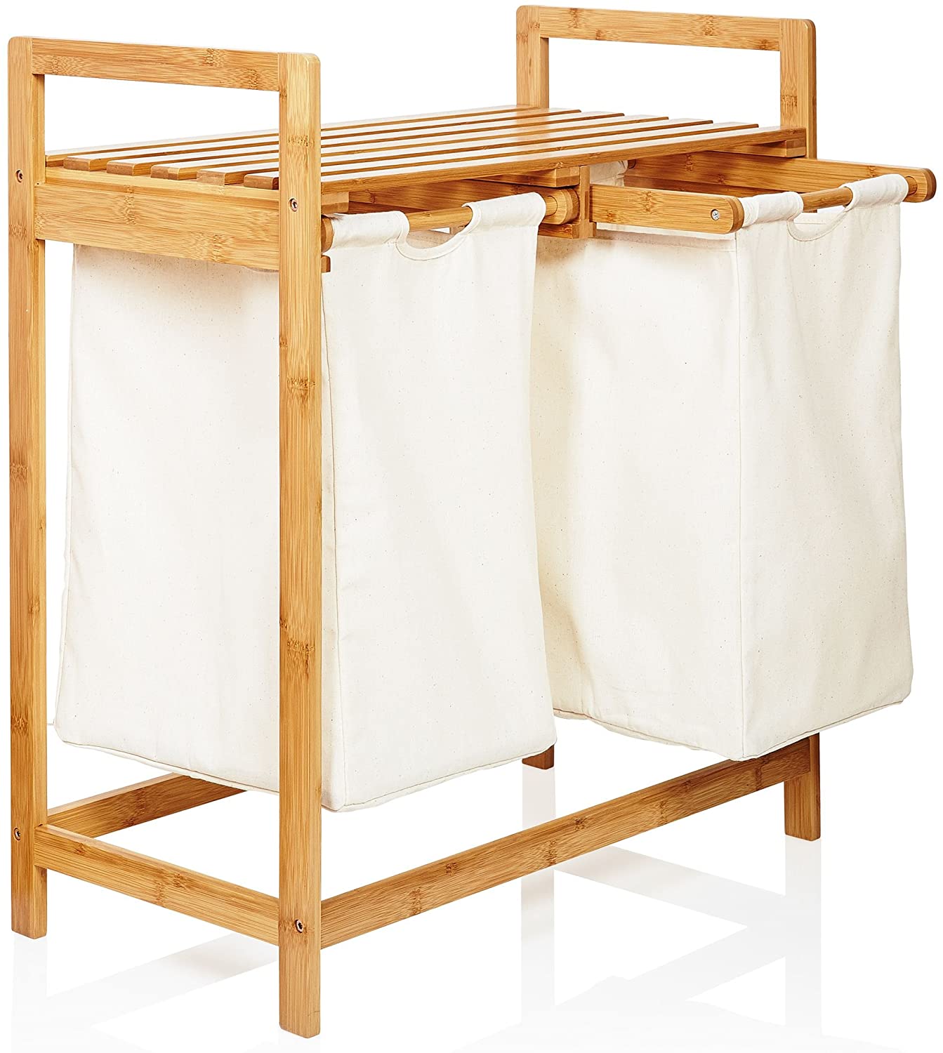 Lumaland Wäschekorb aus Bambus, mit 2 ausziehbaren Wäschesäcken, ca. 73 x 64 x 33 cm Beige